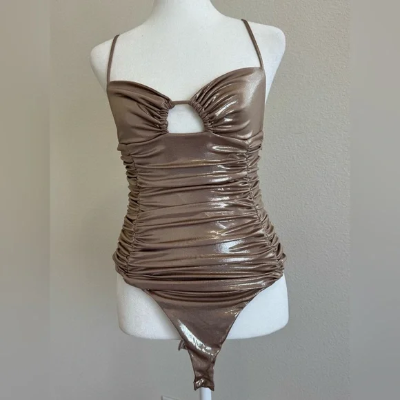 Zara Metallic Gold Slick Ruched Bodysuit Party Glam Statement Piece M Sleeveless - Picture 10 of 11